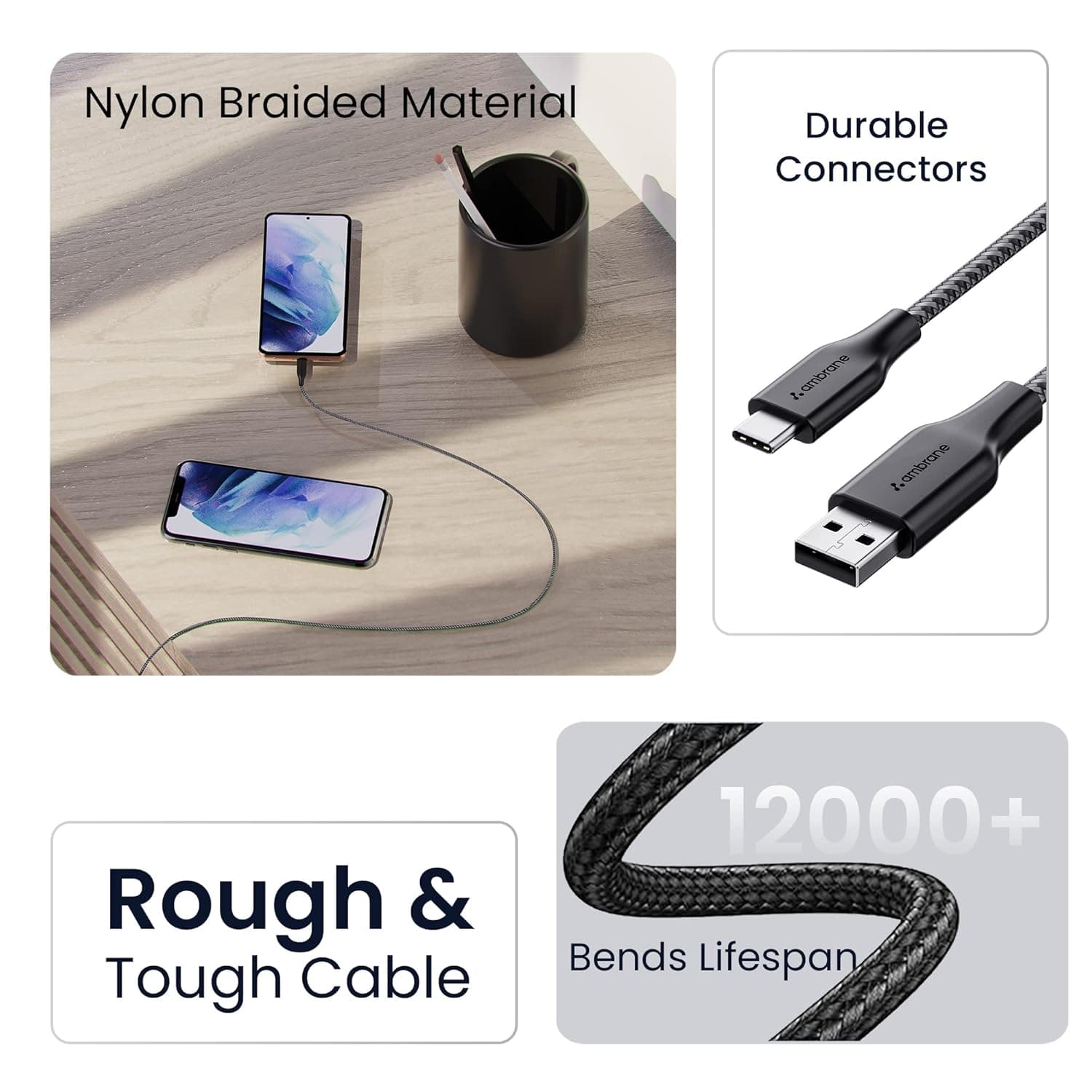 Ambrane Unbreakable 60W / 3A Fast Charging 1.5m Braided Type-C Cable